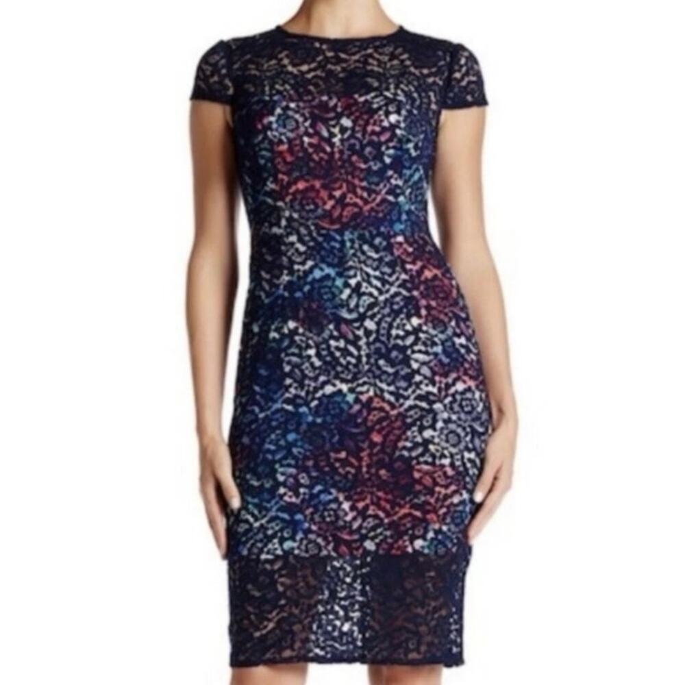 Betsey Johnson Navy Blue Lace Overlay Floral Cap Sleeve Sheath Dress Size 10